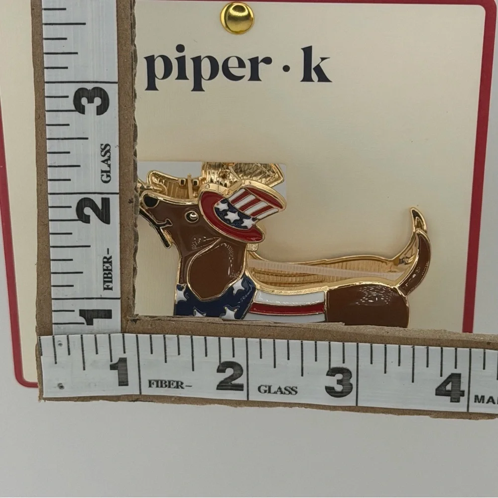 Piper K Patriotic Dachshund Hair Claw Clip Gold Tone Rhinestones Red White Blue